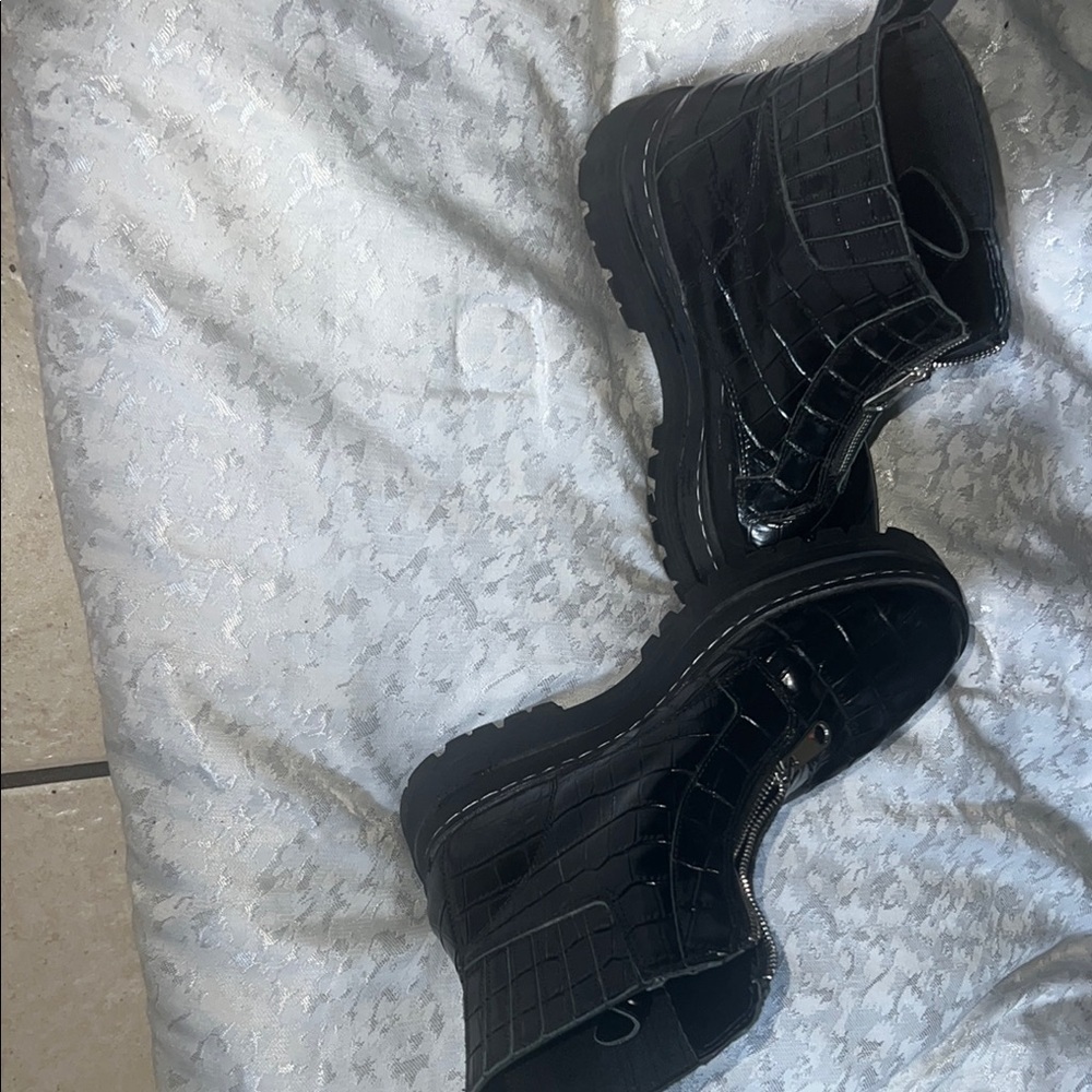Marc Fisher Glossy Black Croc-Embossed Boots